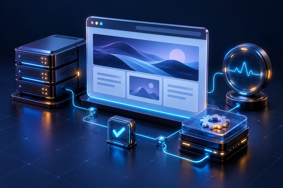 A three-dimensional illustration connecting a website, server, availability checks and maintenance.