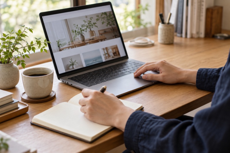 An illustrative close-up of careful website review, with a laptop and notes on a daylight desk.