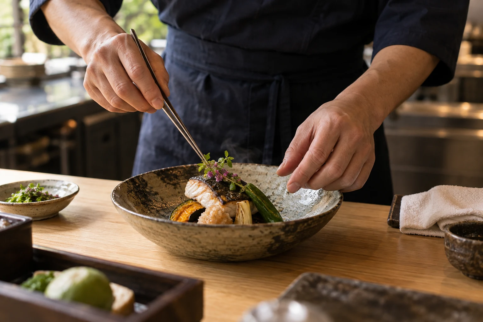Careful finishing of a Japanese dish with seasonal ingredients, an illustrative concept