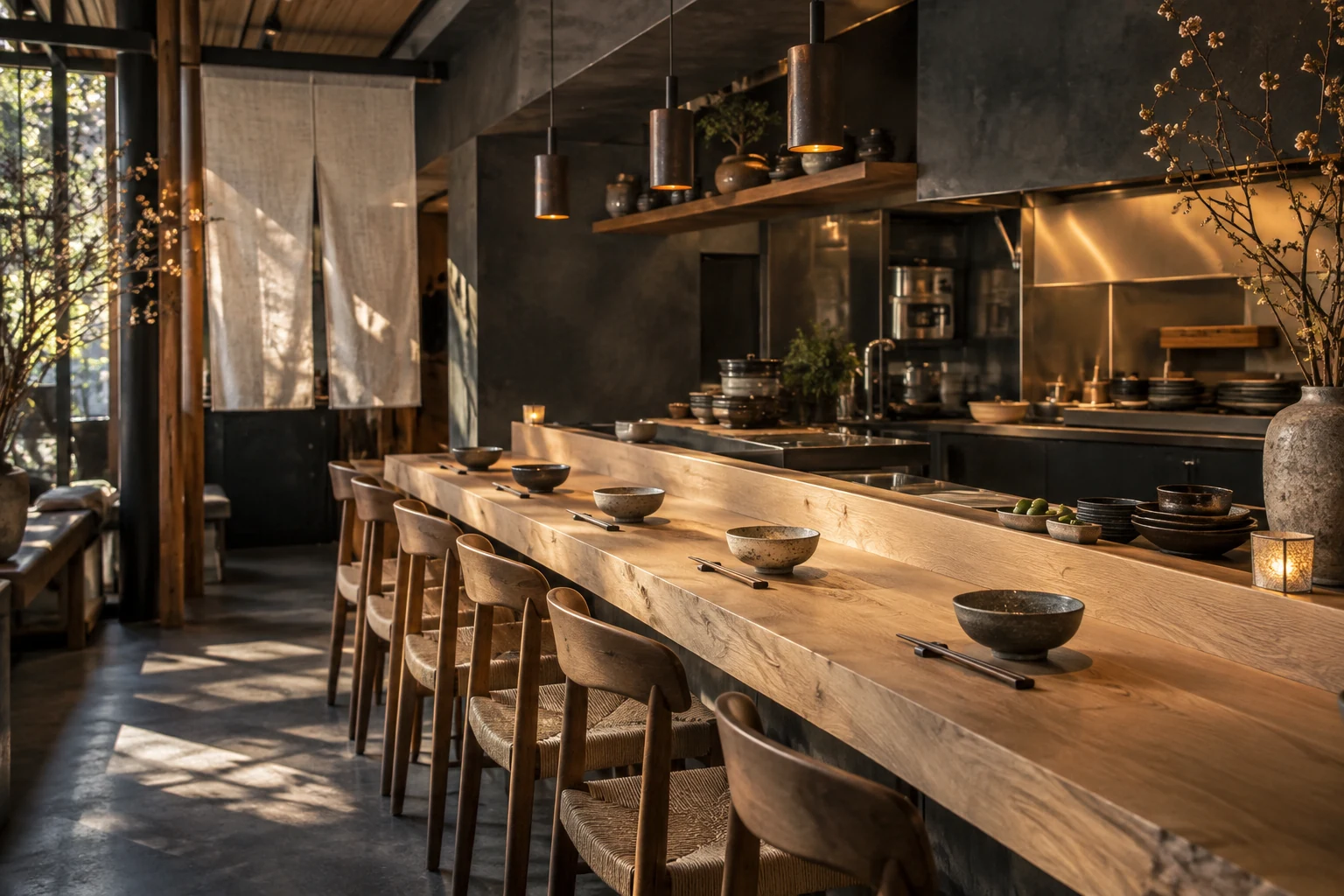 Warm oak counter and open kitchen in a Japanese restaurant, an illustrative concept