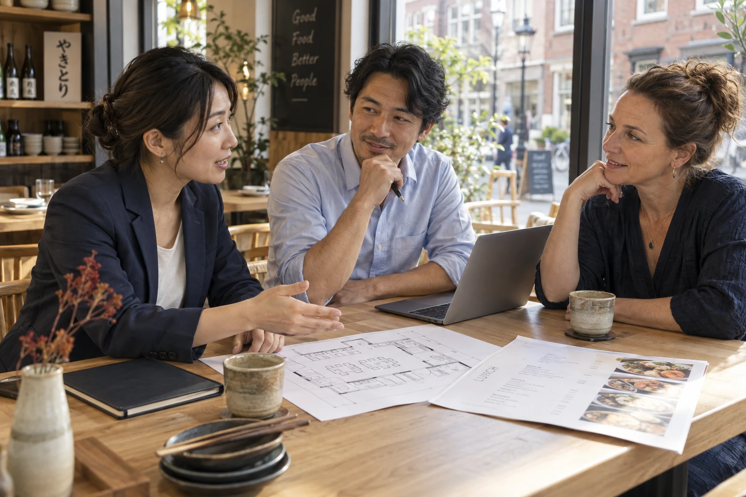 日本語と英語を使うメンバーが、欧州のレストランで事業計画を話し合うイメージ