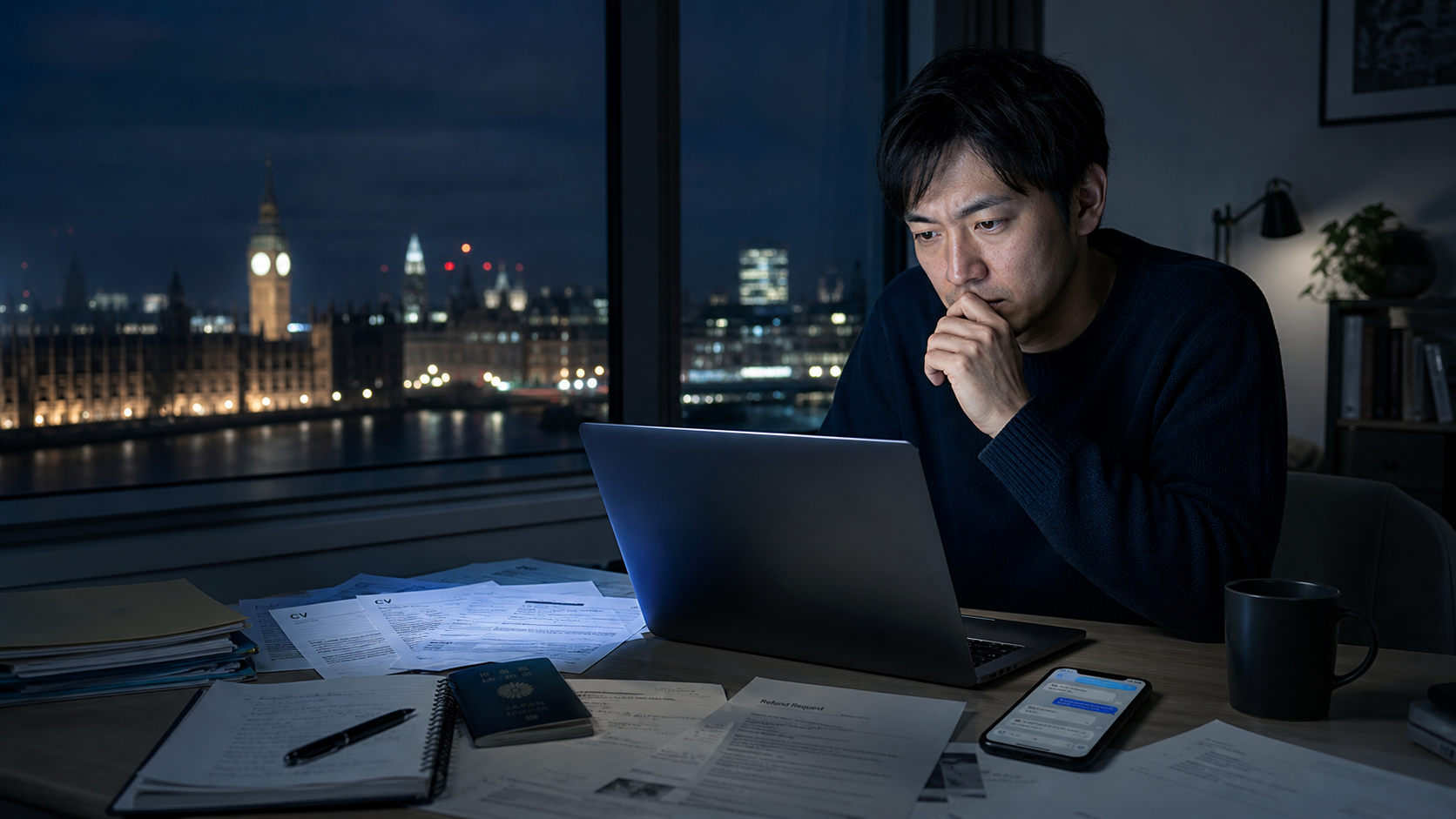 海外生活の書類を整理する人物