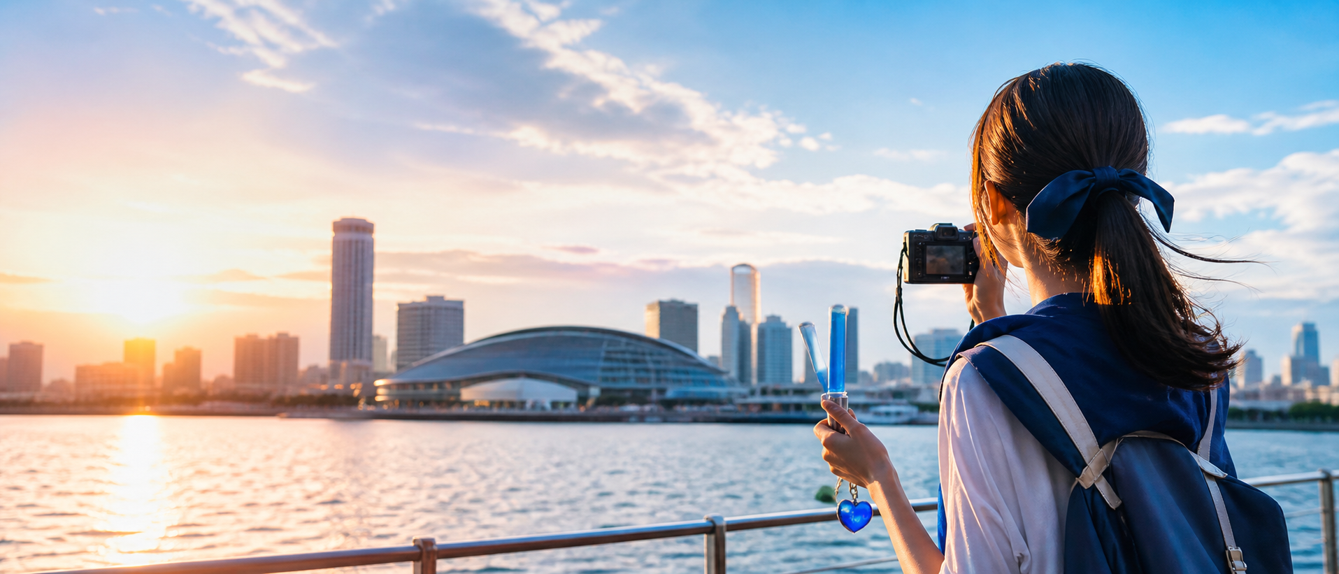 海外の水辺の街でイベント会場を眺める参加者
