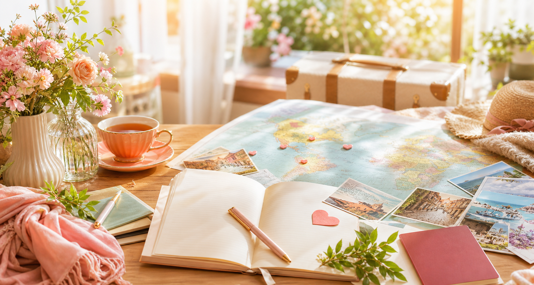 世界地図、旅の小物、ノート、花が並ぶ明るいテーブル